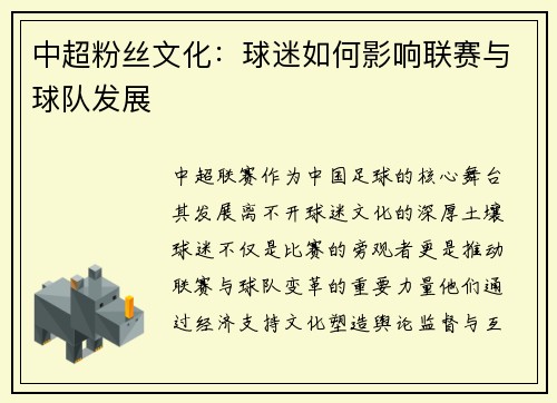 中超粉丝文化：球迷如何影响联赛与球队发展