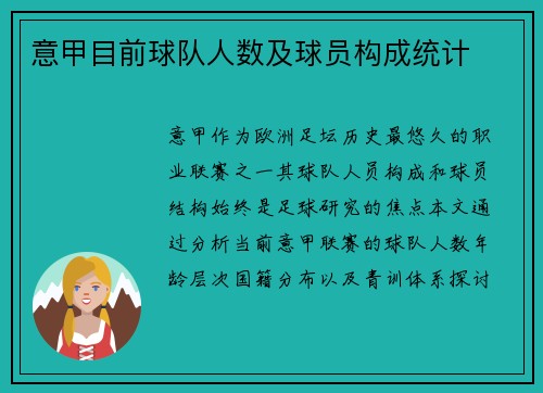 意甲目前球队人数及球员构成统计