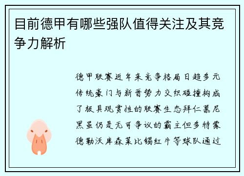 目前德甲有哪些强队值得关注及其竞争力解析